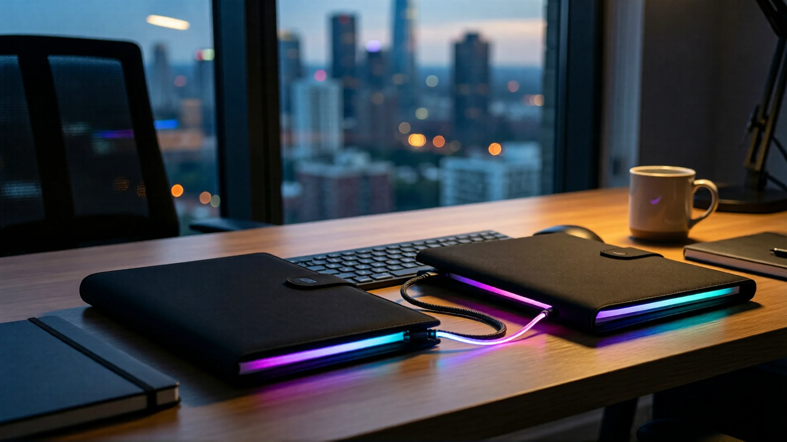 Two glowing devices connected by a cable on an office desk at dusk, a city skyline in the window behind