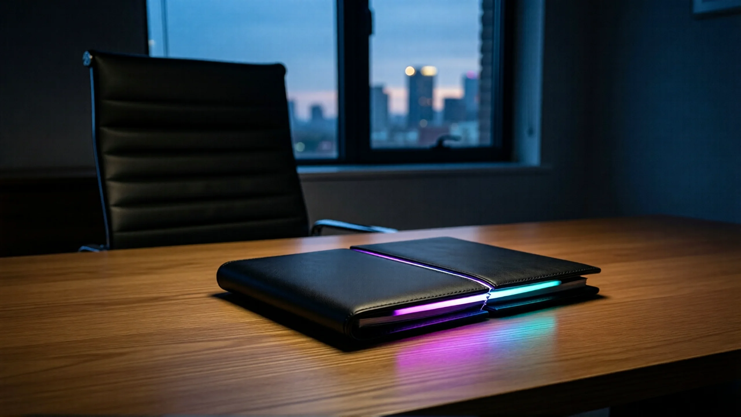 A closed, glowing device sits alone on a desk beside an empty chair in a dim office at dusk