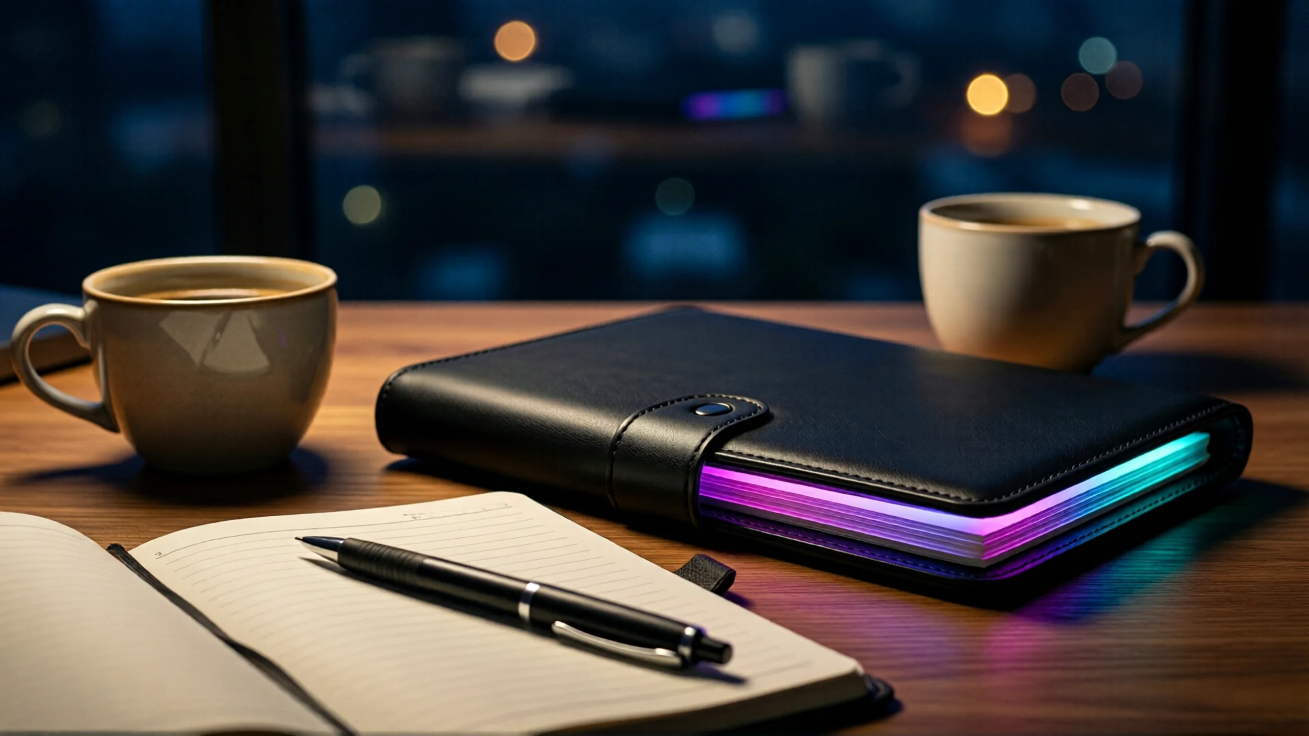 An open notebook and pen beside a glowing device and a coffee cup on a tidy desk at dusk